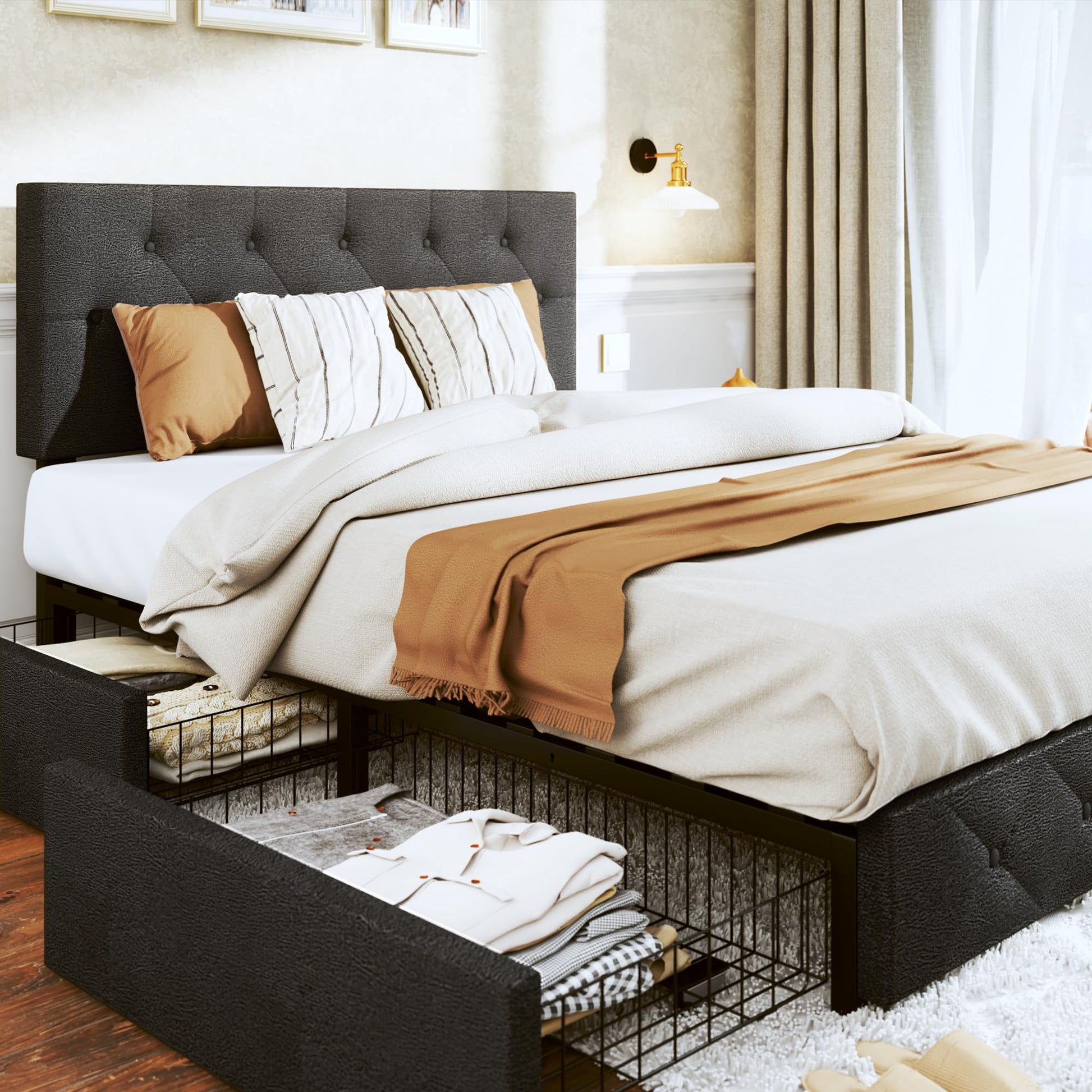 Queen Size Tufted Bed Frame with Adjustable Headboard with drawers