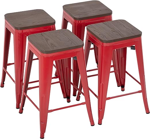 24 Inches Metal Bar Stools Set of 4 Counter Height Wood Seat Barstool Patio Stool