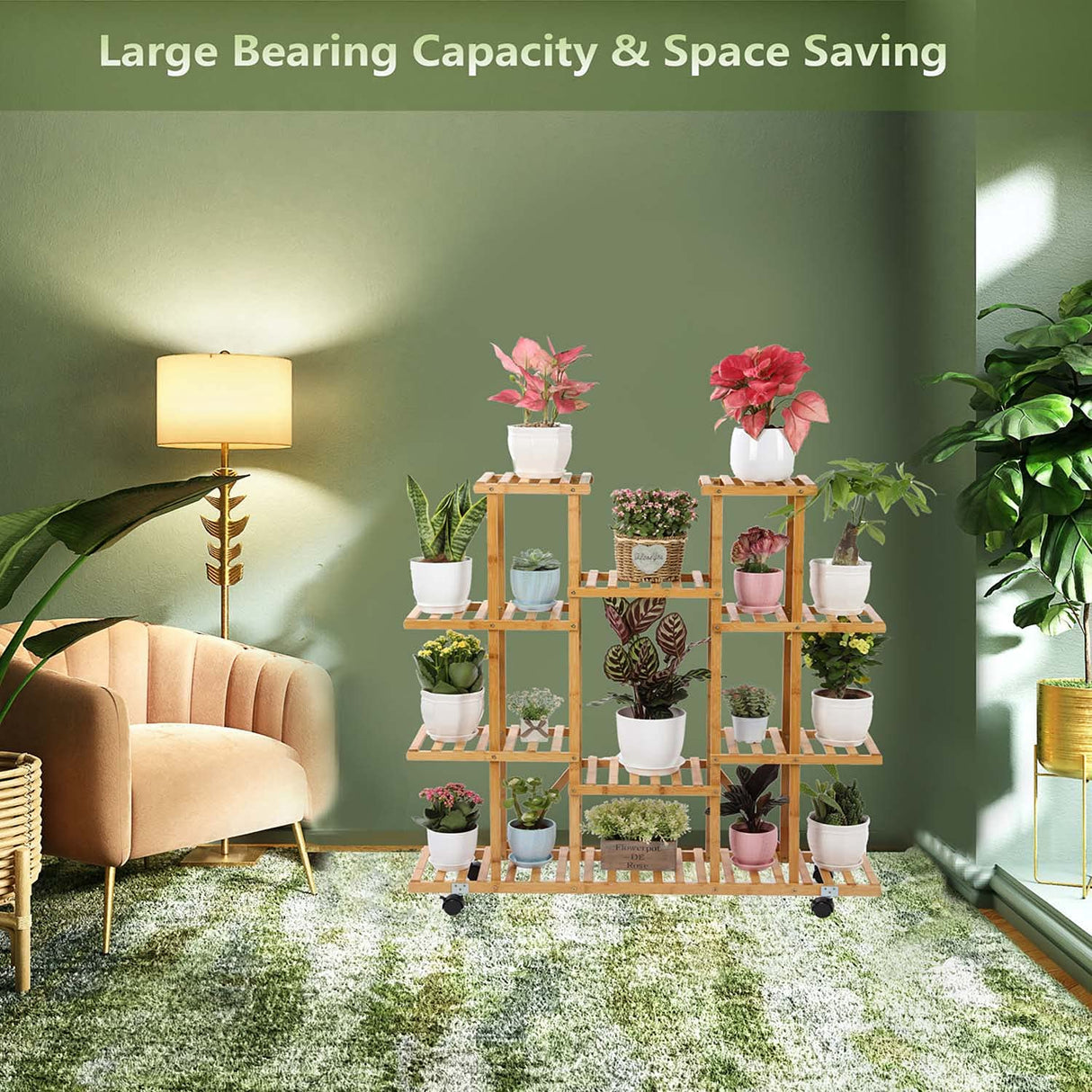 Rolling plant shelf for garden, patio, and indoor use