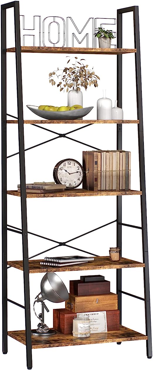 Bookshelf, Ladder Shelf 5-Tier Bookcase for Bedroom, Industrial Book Shelves Storage Rack