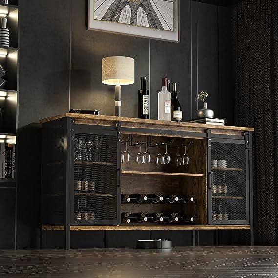 Industrial Wine Bar Cabinet / 55" Sliding Barn Door Coffee Bar Cabinet