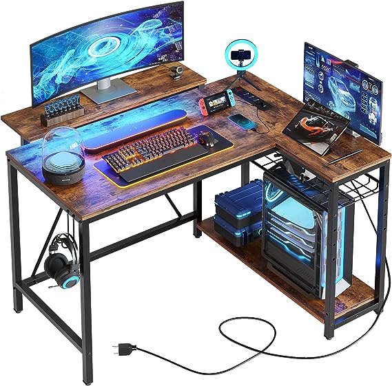 Small L Shaped Gaming Desk with Power Outlets,42 inch LED Computer Desk