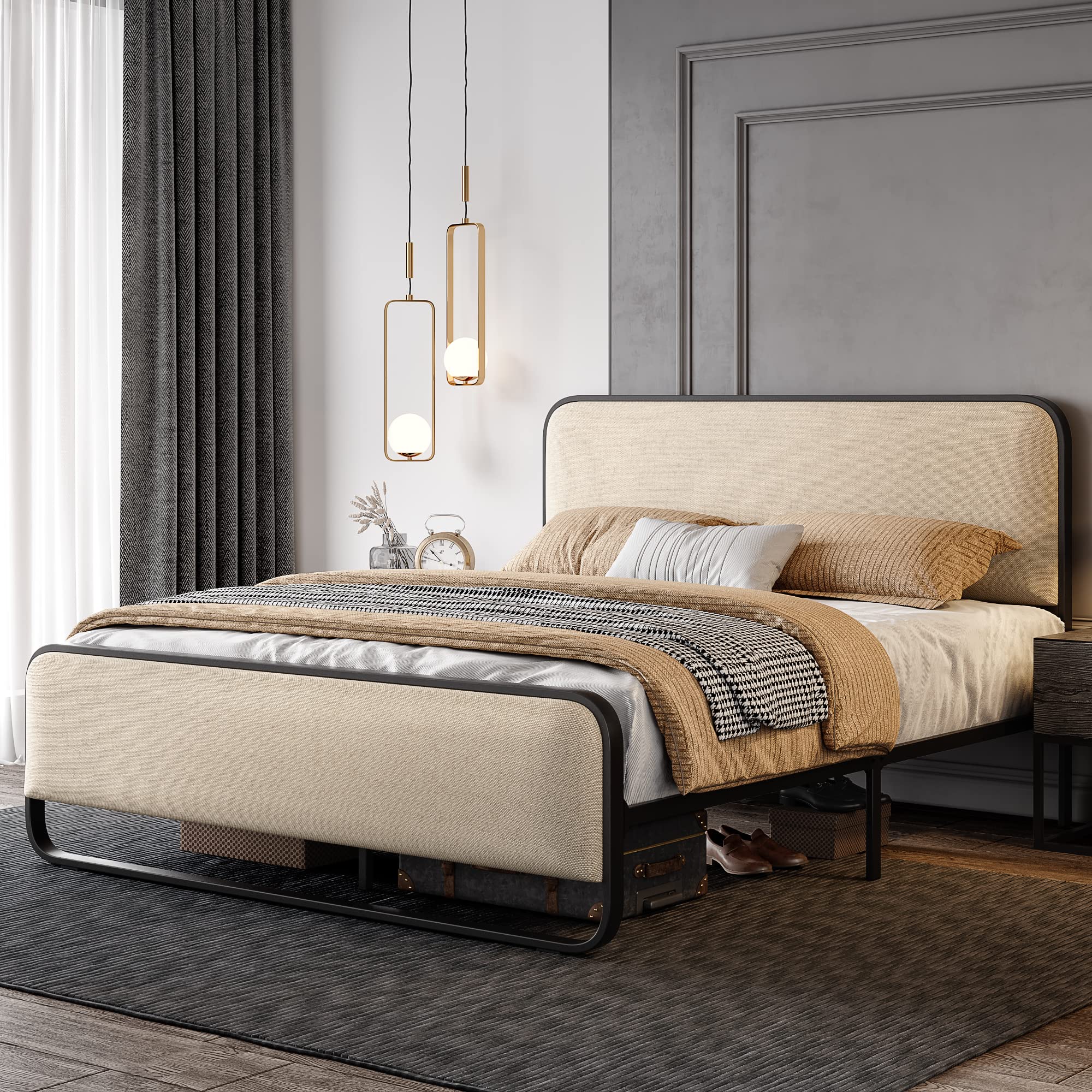 Sereno Curved Upholstered Platform Bed with Metal Frame in Beige