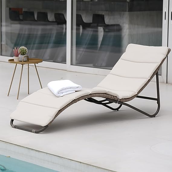 Outdoor Chaise Lounge Mesh Sling Steel Chairs with Woodgrain Texture