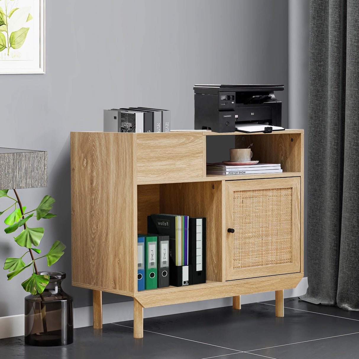 Rattan vinyl record player stand with solid wood legs, turntable storage, and 250 album organizer in a modern living room.