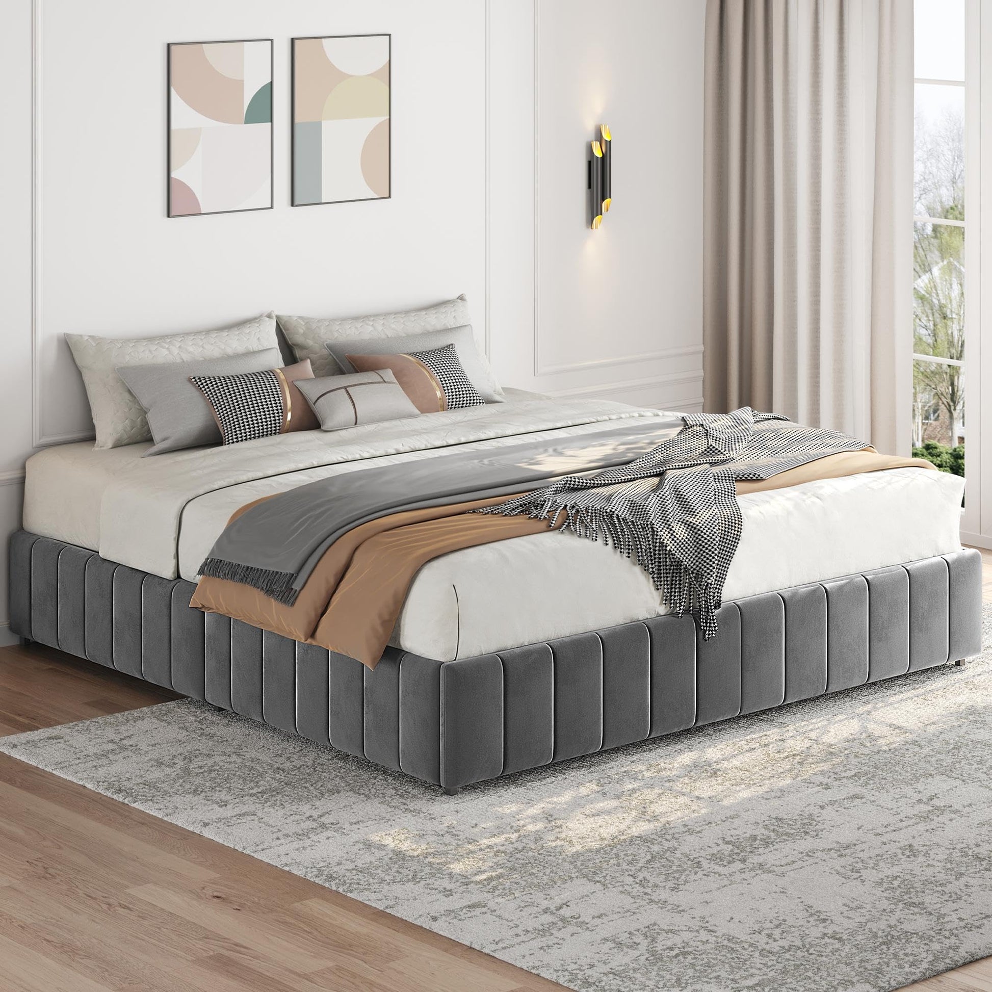 King Bed Frame with 4 Storage Drawers – Upholstered Platform Bed in Dark Gray