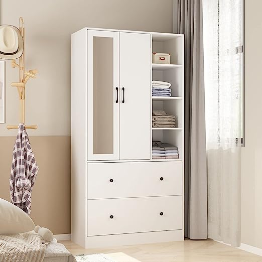 Modern Armoire Wardrobe with Mirror & Sliding Hanging Rod