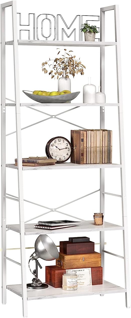 Bookshelf, Ladder Shelf 5-Tier Bookcase for Bedroom, Industrial Book Shelves Storage Rack