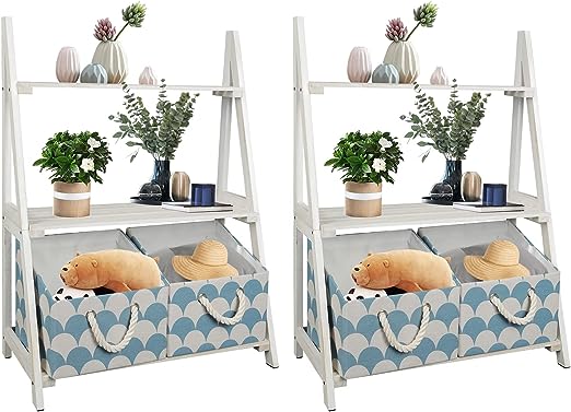 Rustic 3-Tier Wooden Ladder Shelf – Small Storage Stand with Baskets