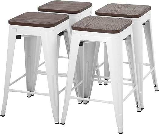 24 Inches Metal Bar Stools Set of 4 Counter Height Wood Seat Barstool Patio Stool