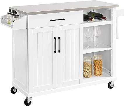 Kitchen Cart with Stainless Steel Top and Storage Cabinet, Kitchen Island