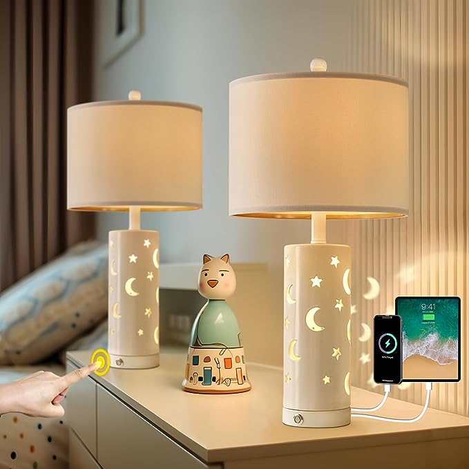 20.5 inches Modern Ceramic White Bedside Lamp Set of 2
