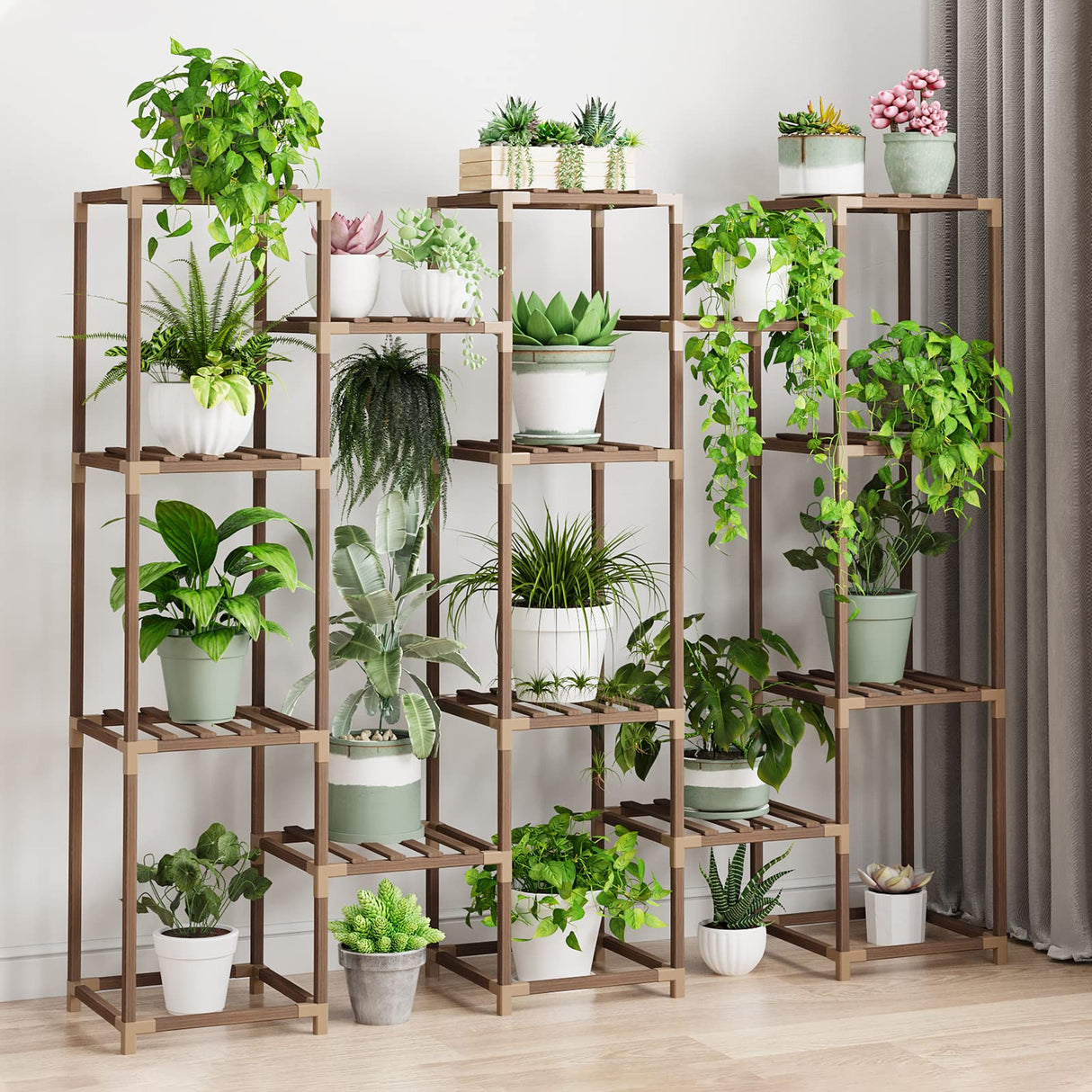 Wooden tiered plant stand for multiple plants – home decor
