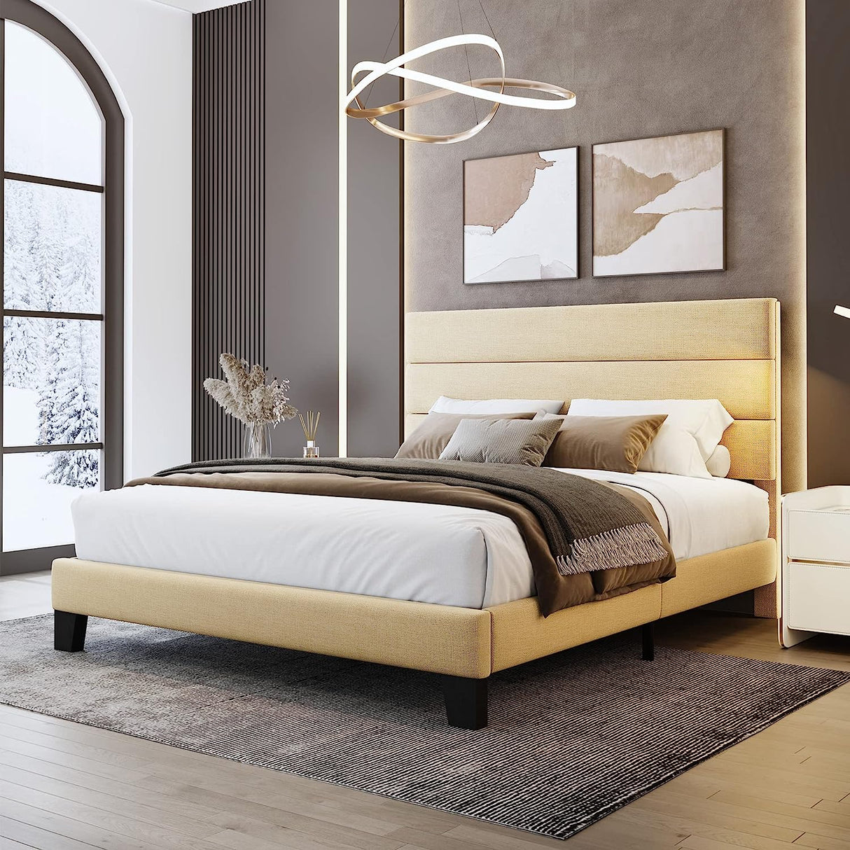 Queen Bed Frame Platform Bed with Linen Fabric Headboard and Wooden Slats Support