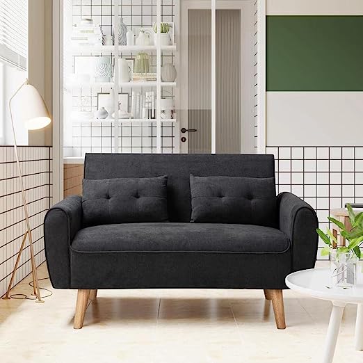 47" Small Modern Loveseat Sofa, Mid Century Linen Fabric 2-Seat Sofa