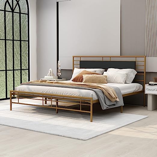 Metal King Size Platform Bed Frame with Headboard