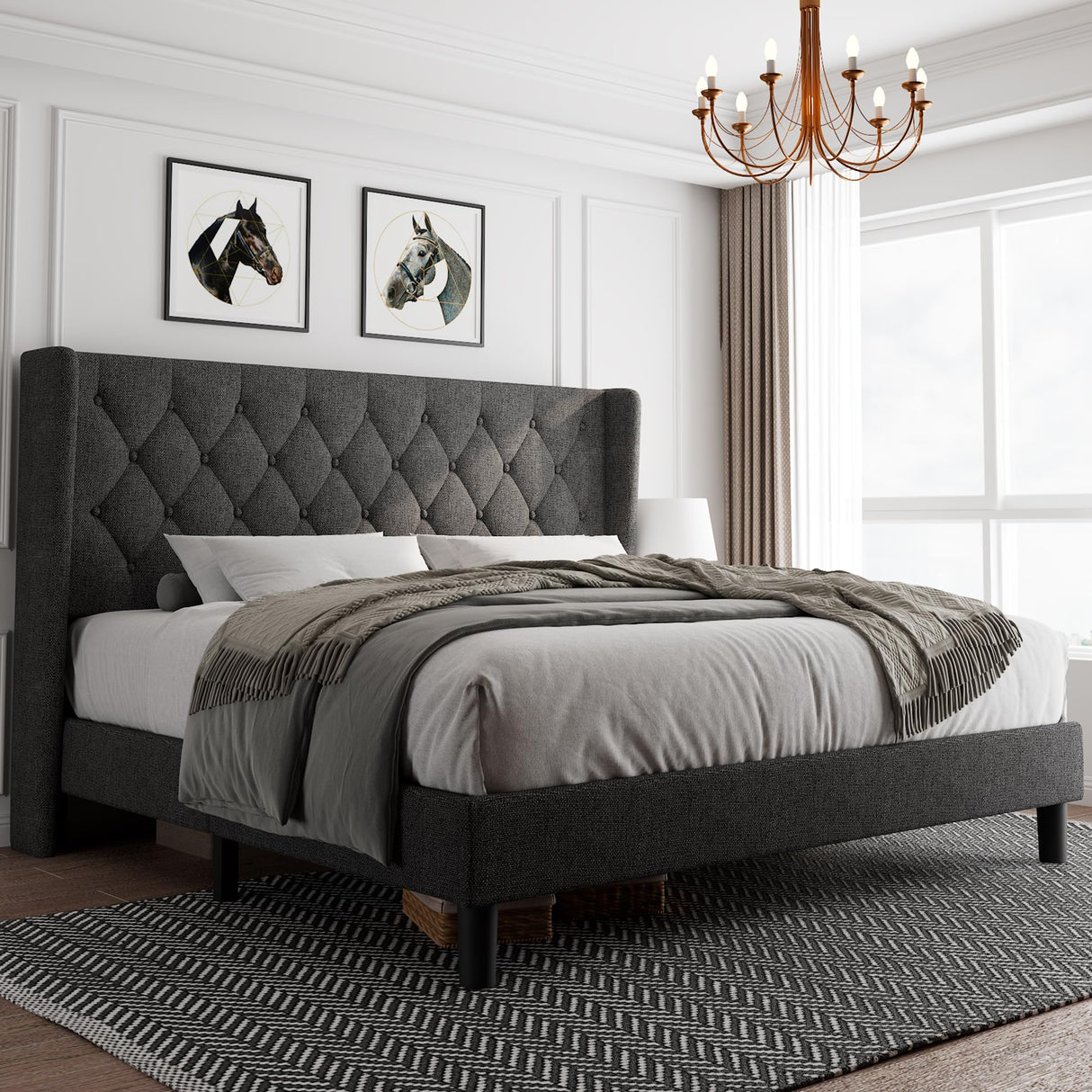 King Size Platform Bed Frame with Upholstered Wingback Headboard in Dark Gray