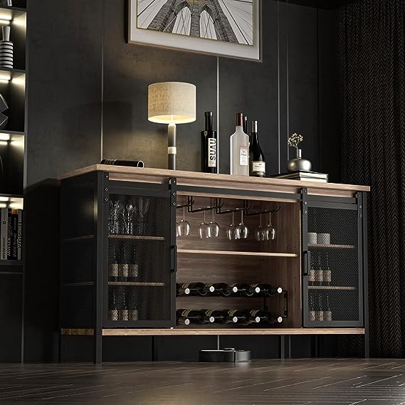 Industrial Wine Bar Cabinet / 55" Sliding Barn Door Coffee Bar Cabinet