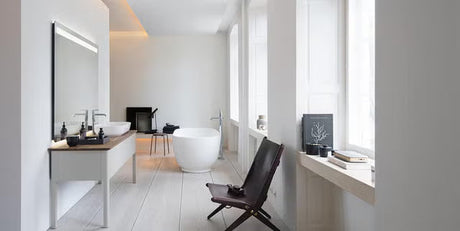 Luxury office and bath furniture in the USA - modern spa-like bathroom with floating vanity and designer seating