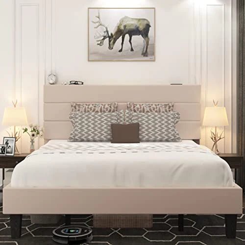 Full Size Upholstered Platform Bed Frame with Linen Fabric Simple Style Headboard and Wooden Slats Support - Bircata