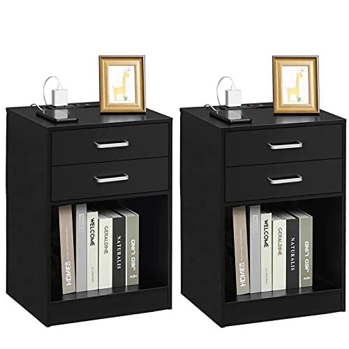 Nightstands Set of 2,Black Nightstand with Charging Station & Drawers - Bircata