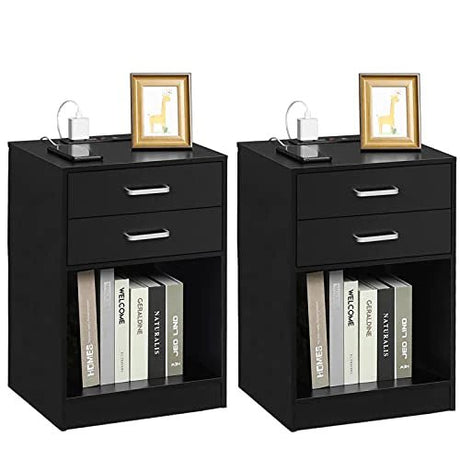 Nightstands Set of 2,Black Nightstand with Charging Station & Drawers - Bircata