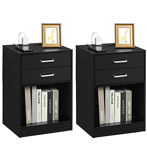 Nightstands Set of 2,Black Nightstand with Charging Station & Drawers