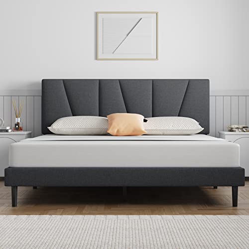 Queen Bed Frame Upholstered Platform with Headboard and Strong Wooden Slats