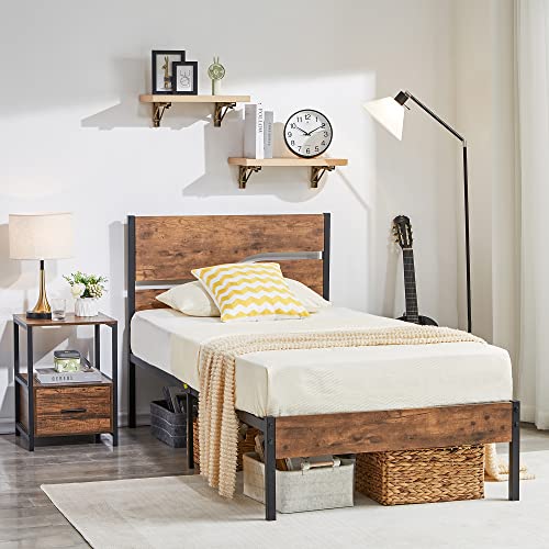 Platform Bed Frame Twin Size with Rustic Vintage Wood Headboard, Mattress Foundation - Bircata