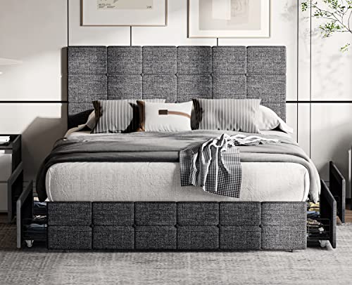 Full Bed Frame with 4 Storage Drawers, Platform Bed Frame with Adjustable Height Fabric Headboard