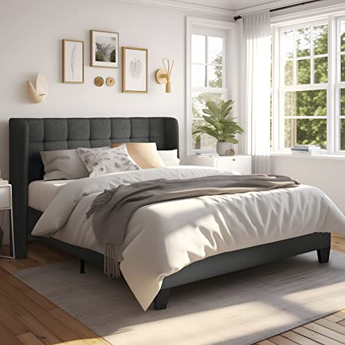 Full Size Platform Bed Frame with Wingback, Fabric Upholstered Square Stitched Headboard and Wooden Slats - Bircata