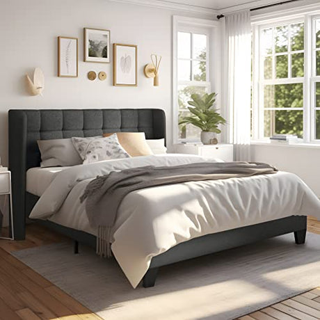 Full Size Platform Bed Frame with Wingback, Fabric Upholstered Square Stitched Headboard and Wooden Slats