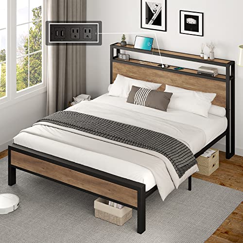 Queen Size Bed Frame Industrial Platform Bed with Charging Station, 2-Tier Storage Headboard - Bircata