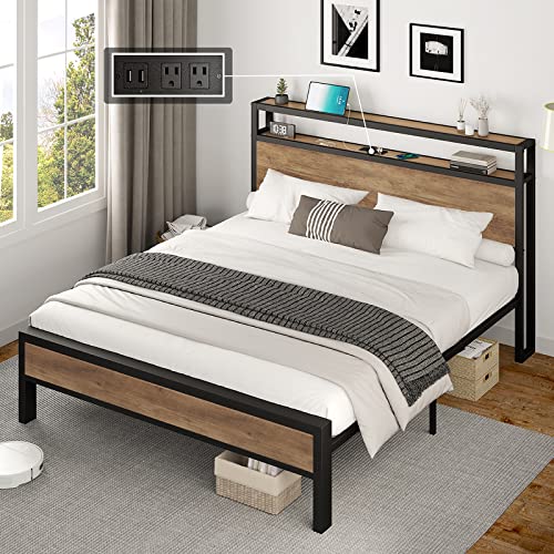 Queen Size Bed Frame Industrial Platform Bed with Charging Station, 2-Tier Storage Headboard