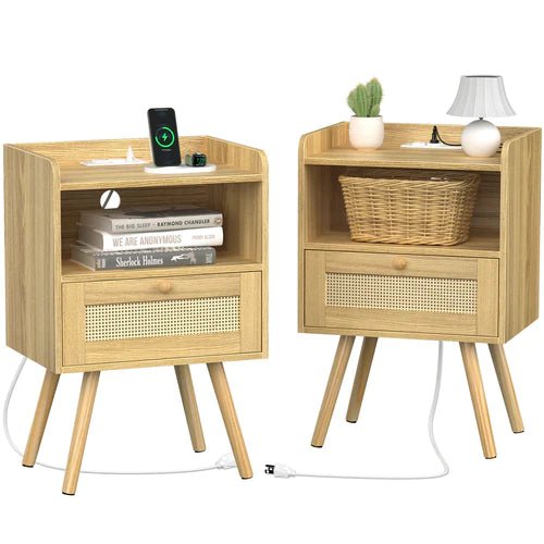 Nightstands Set of 2, Night Stands with Charging Station & PE Rattan Decor Drawer, Bed Side Tables with Solid Wood Feet - Bircata