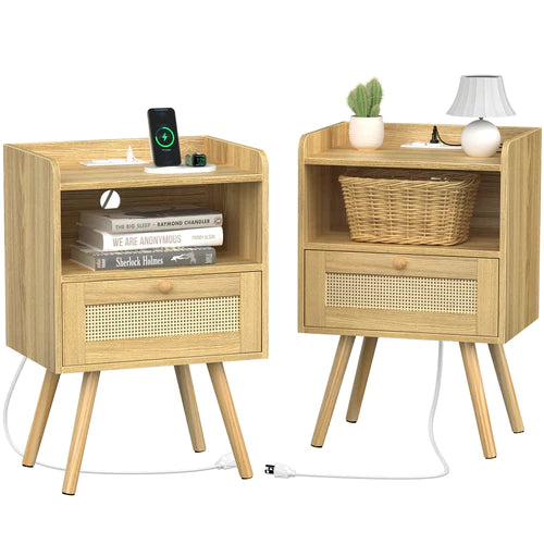Nightstands Set of 2, Night Stands with Charging Station & PE Rattan Decor Drawer, Bed Side Tables with Solid Wood Feet