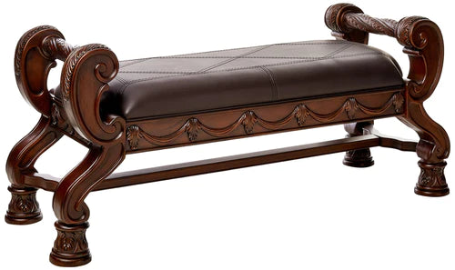 North Shore Ornate Faux Leather Upholstered Bedroom Bench, Dark Brown
