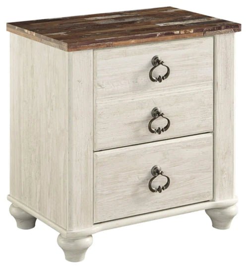 Willowton Farmhouse 2 Drawer Nightstand with USB Charging Ports, Whitewash - Bircata