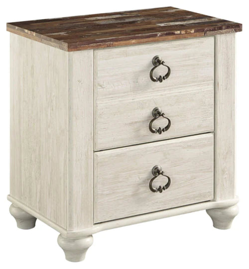 Willowton Farmhouse 2 Drawer Nightstand with USB Charging Ports, Whitewash