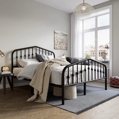 Queen Size Metal Bed Frame with Headboard and Footboard, Steel Slat Support - Bircata