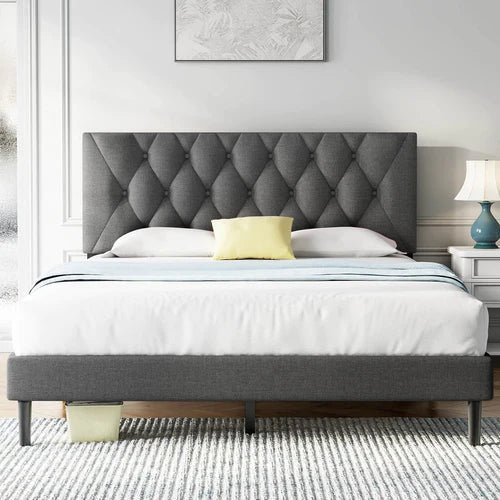 Queen Size Platform Bed Frame with Adjustable Headboard, Linen Fabric Wrap, Strong Frame and Wooden Slats Support - Bircata