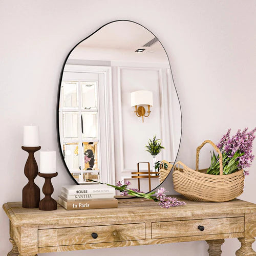 Irregular Wall Mirror 24"x32" Black Asymmetrical Bathroom Mirror Wood Framed Modern Decorative Vanity Mirrors for Bedroom Living Room Entryway