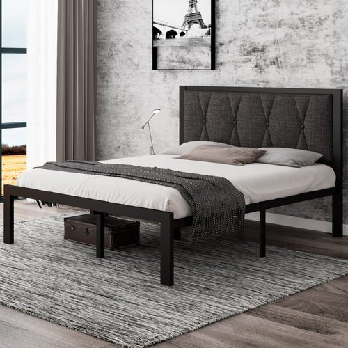 Full Size Metal Platform Bed Frame with Upholstered Headboard, Upgraded Heavy Duty Bed Frame - Bircata