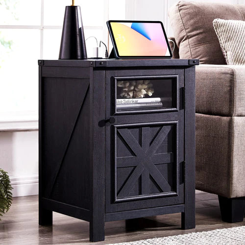 Farmhouse Nightstand with Charging Station - Modern Bed Side Table with 3-Tier Storage, Adjustable Feet - Rustic End Table