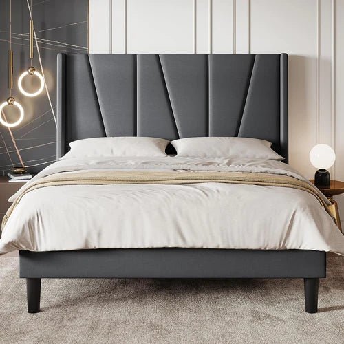 Upholstered Platform Bed with Geometric Headboard and Wingback: The Perfect Bed for a Modern Bedroom - Bircata