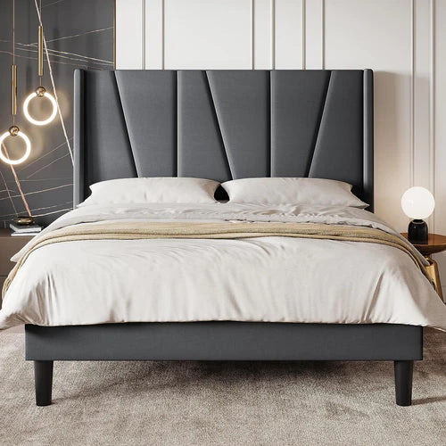 Upholstered Platform Bed with Geometric Headboard and Wingback: The Perfect Bed for a Modern Bedroom