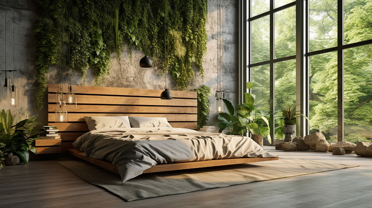 Solid wood platform bed frame with headboard in a natural-finish bedroom, plants and large windows.