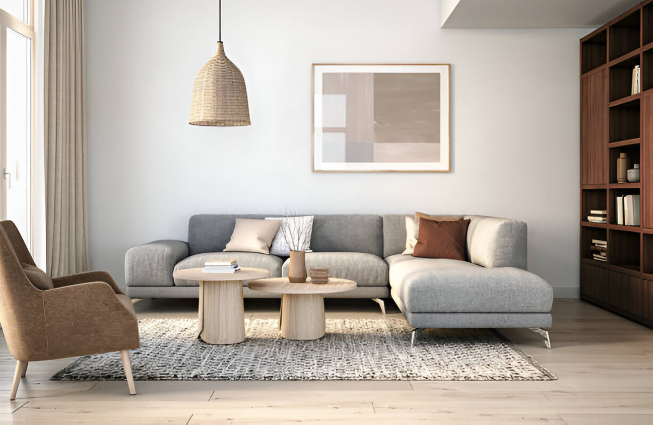 Modern living room with a stylish sectional sofa, cozy loveseats, and a sleek coffee table, creating a warm and inviting space for relaxation.