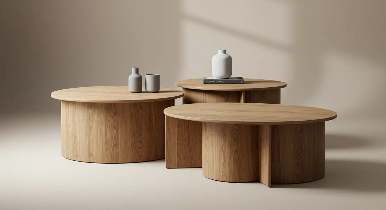 Minimalist black and beige wooden accent tables with a sculptural design, perfect for modern home décor.