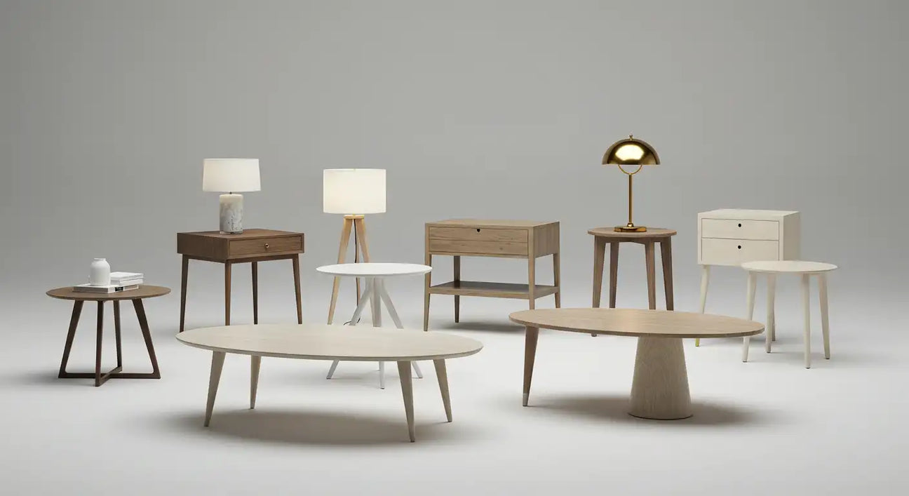 living room with a modern solid wood coffee table beside a neutral sofa.